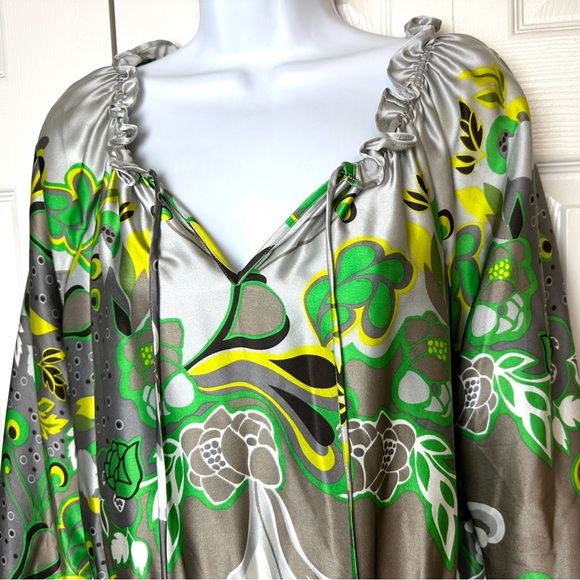 ETCETERA Retro Vibrant Floral Silk Blouse Top Shirt Green Silver Gray Ruffle Tie - Picture 5 of 11